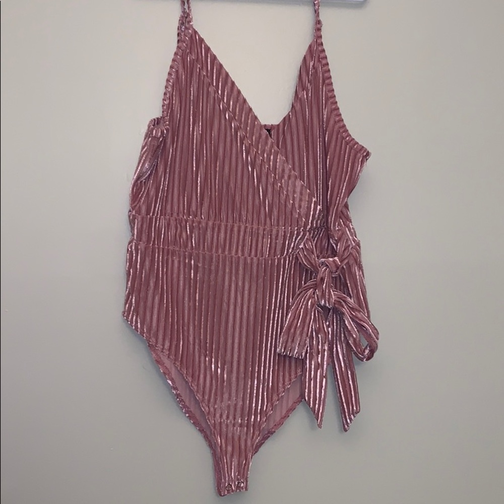 Ribbed V neck tie pink tank top body suit